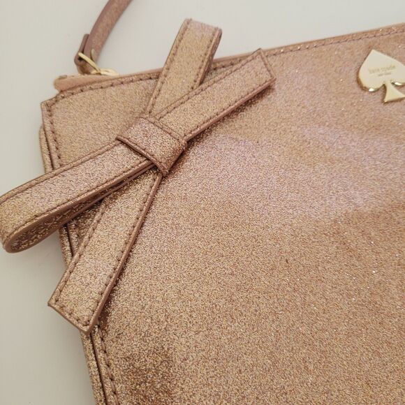 Kate Spade Bag Clutch Glitter Rose Gold Bow Evening Party Glam Zip Pouch Purse - Picture 10 of 12